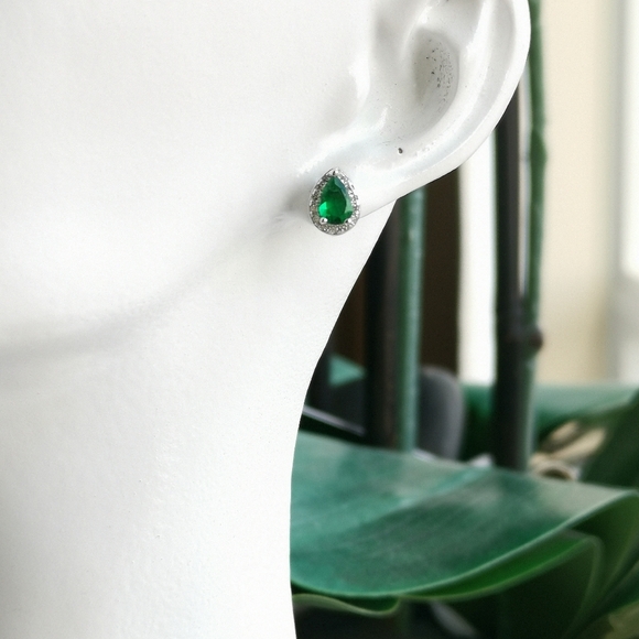 New Emerald  teardrop cz halo stud earrings Sterling Silver - Picture 2 of 8